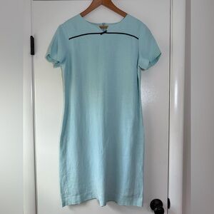 Sara Campbell Linen Shift Dress Short Sleeve Tiffany Blue Navy Bow Size 8